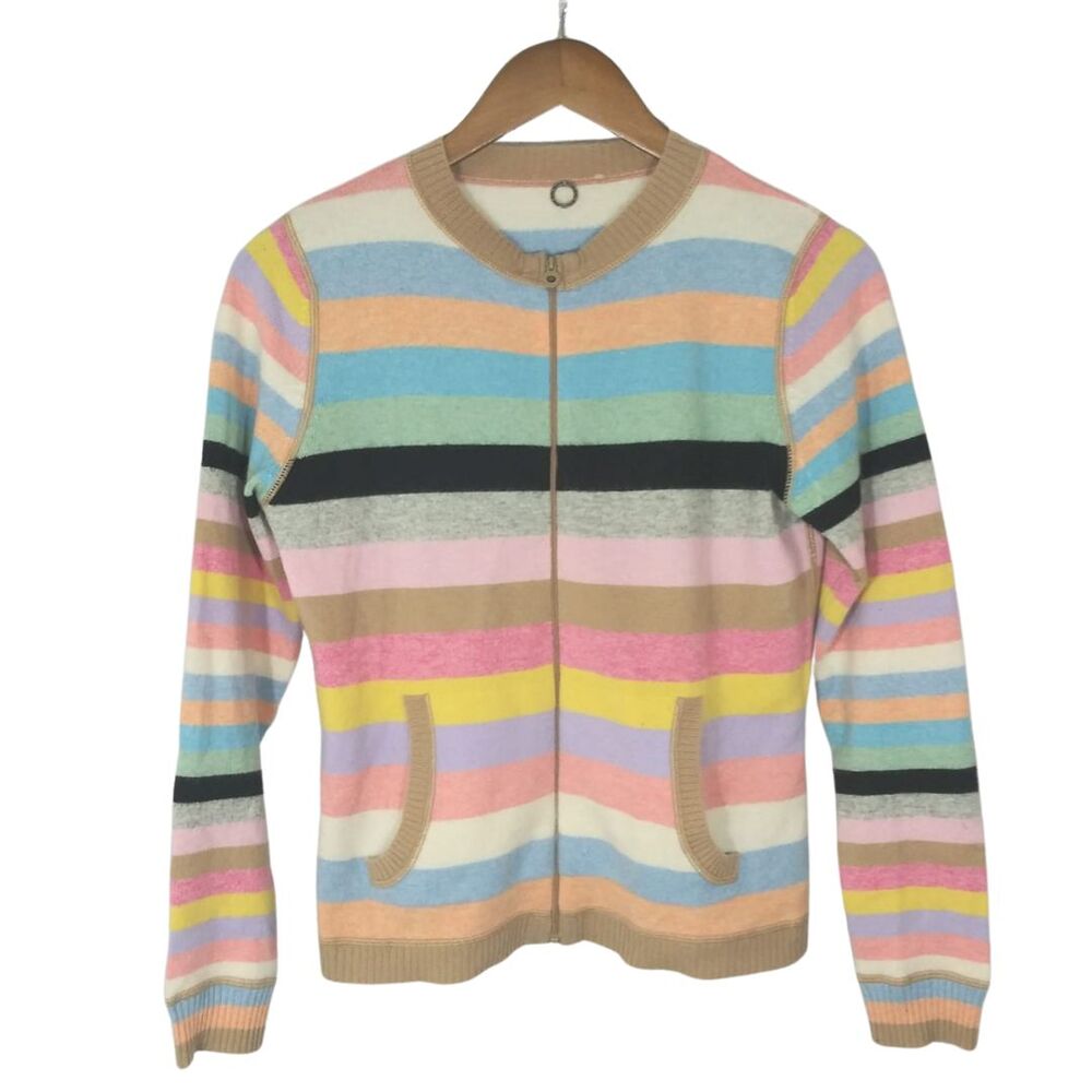 One Girl Who Multi Striped 100% Cashmere Zip Front Sweater Sz Small